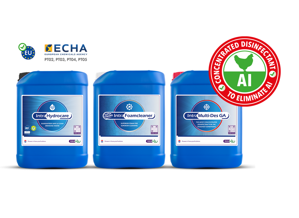 Group of product images featuring Intra Hydrocare, Intra Foamcleaner, and Intra Multi-Des GA packshots. Above the Intra Hydrocare packshot, the ECHA logo is displayed, indicating that this product has the ECHA registration PTO2, PTO3, PTO4, and PTO5