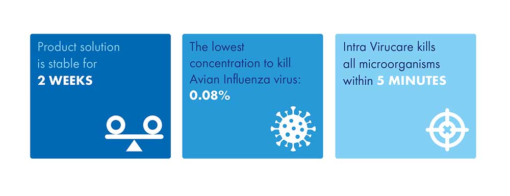 Three blue infographic panels with white text and icons. The left panel shows a white balance scale icon and text stating 'Product solution is stable for 2 WEEKS'. The middle panel features a white virus cell icon and text reading 'The lowest concentration to kill Avian Influenza virus: 0.08%'. The right panel displays a white target icon and text declaring 'Intra Virucare kills all microorganisms within 5 MINUTES'.
